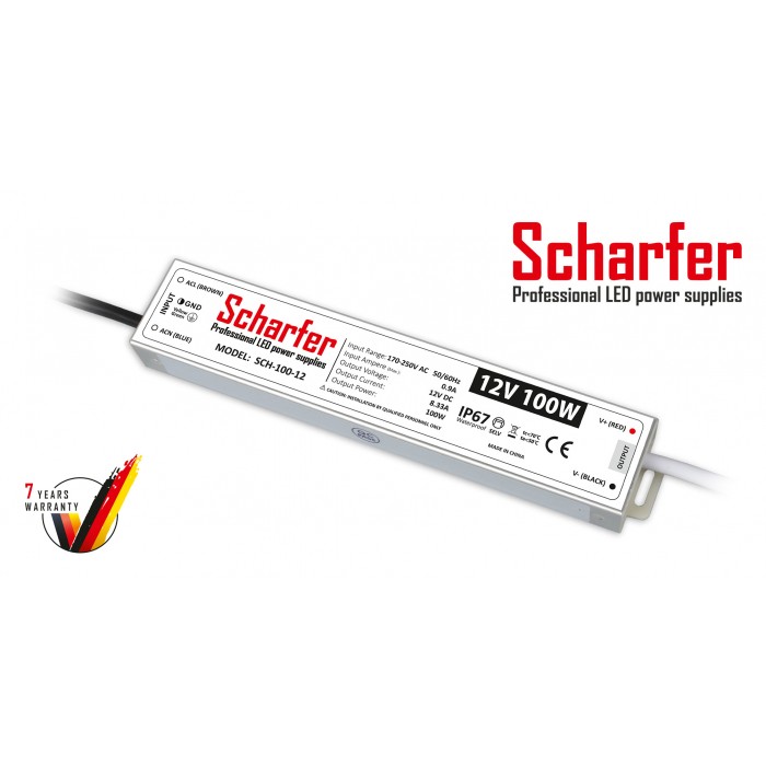 Μεταλλικό στεγανό τροφοδοτικό 12V 100W Scharfer IP67 - 7 χρόνια εγγύηση
