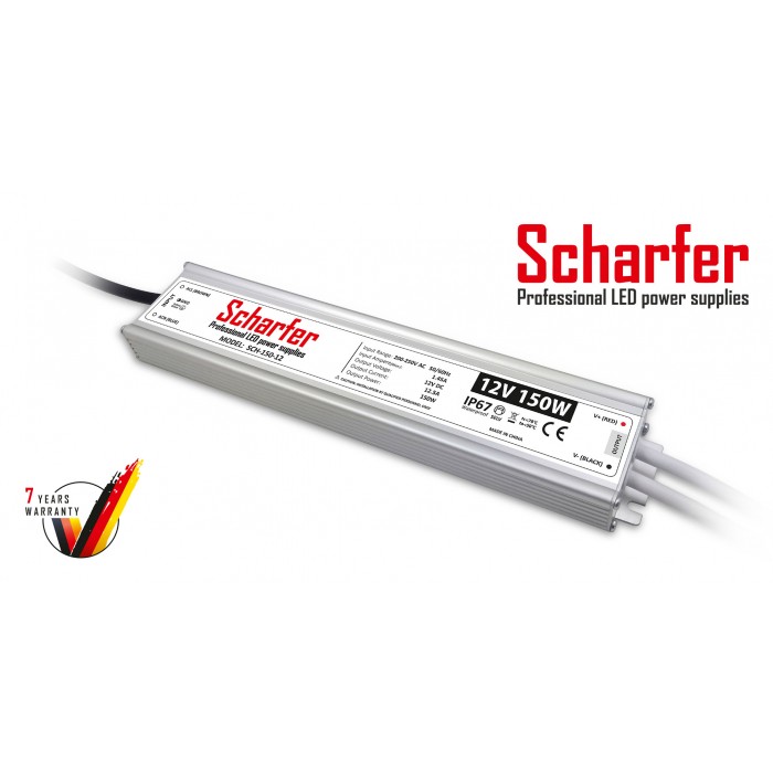 Μεταλλικό στεγανό τροφοδοτικό 12V 150W Scharfer IP67 - 7 χρόνια εγγύηση