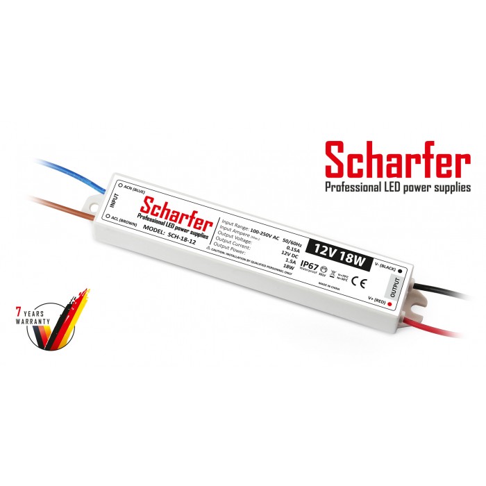 Μεταλλικό στεγανό τροφοδοτικό 12V 18W Scharfer IP67 - 7 χρόνια εγγύηση