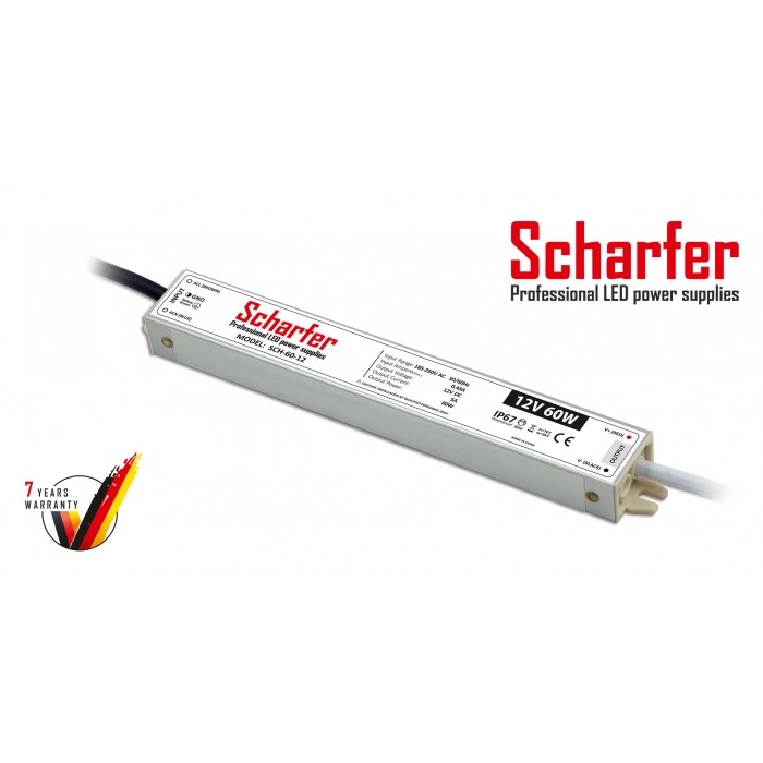 Μεταλλικό στεγανό τροφοδοτικό 12V 60W Scharfer IP67 - 7 χρόνια εγγύηση