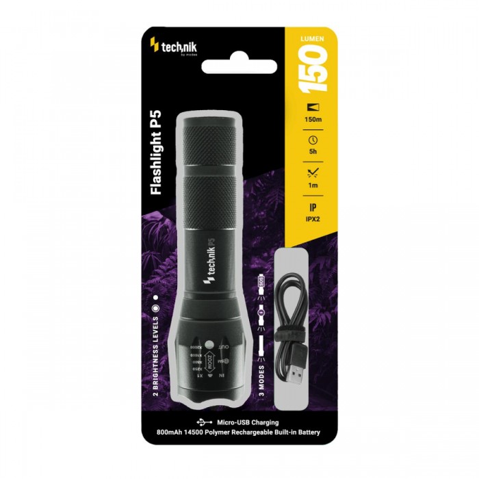 Technik Φακός P5 (+1x14500 800mAh) XPE LED με Καλώδιο Micro USB 150lm