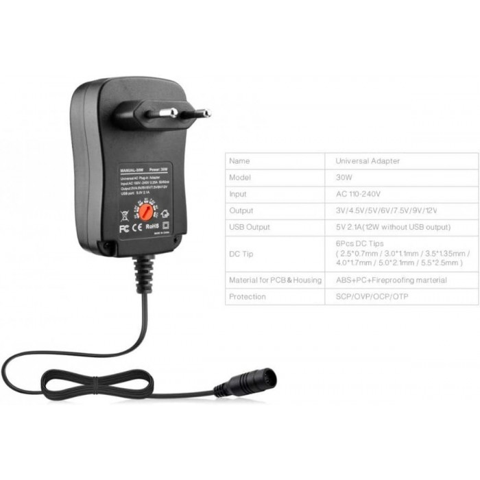 Τροφοδοτικό 30W 12V/2.5A Switching με 6 Κεφαλές