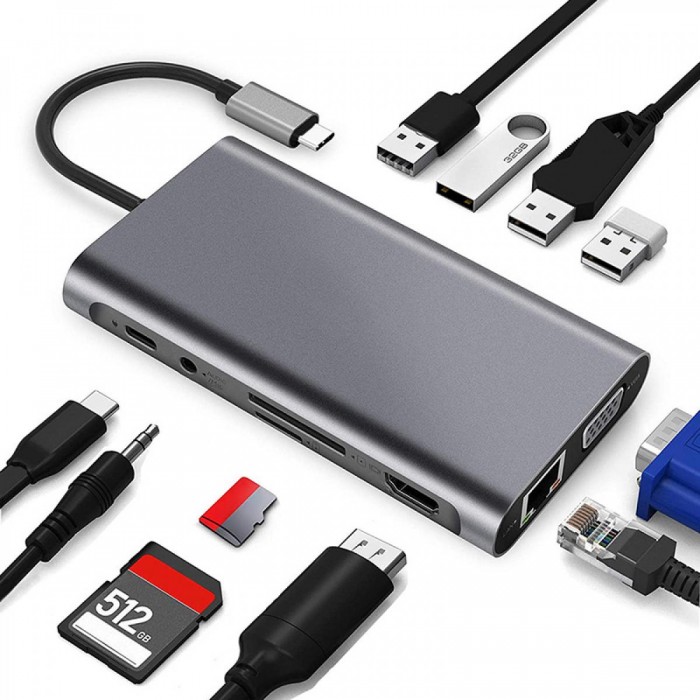 Μετατροπέας 11in1 RJ45 USBx4 VGA HDMIPD SD TF Audio Μετατροπέας 11in1 RJ45 USBx4 VGA HDMIPD SD TF Audio