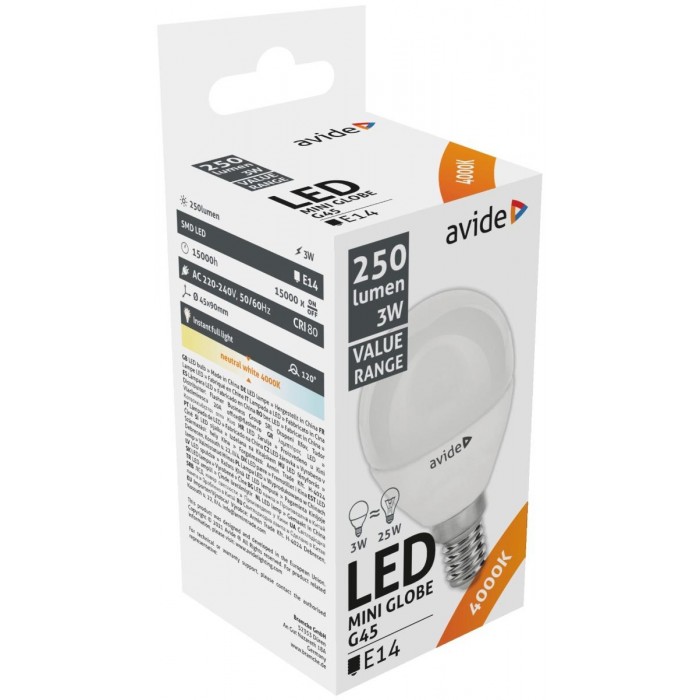Avide LED Σφαιρική 3W E14 Λευκό 4000K Value Avide LED Σφαιρική 3W E14 Λευκό 4000K Value