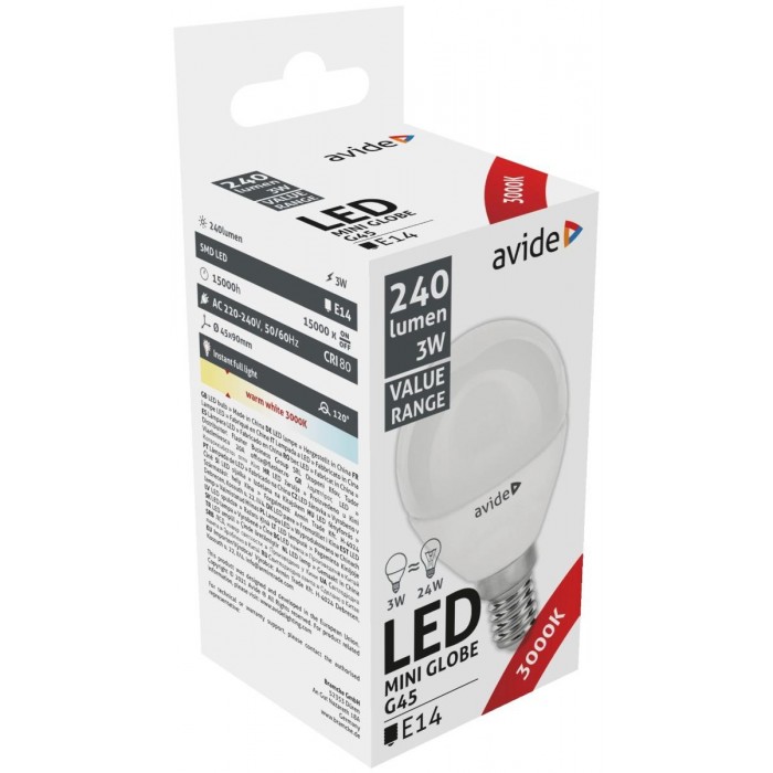 Avide LED Σφαιρική 3W E14 Θερμό 3000K Value Avide LED Σφαιρική 3W E14 Θερμό 3000K Value