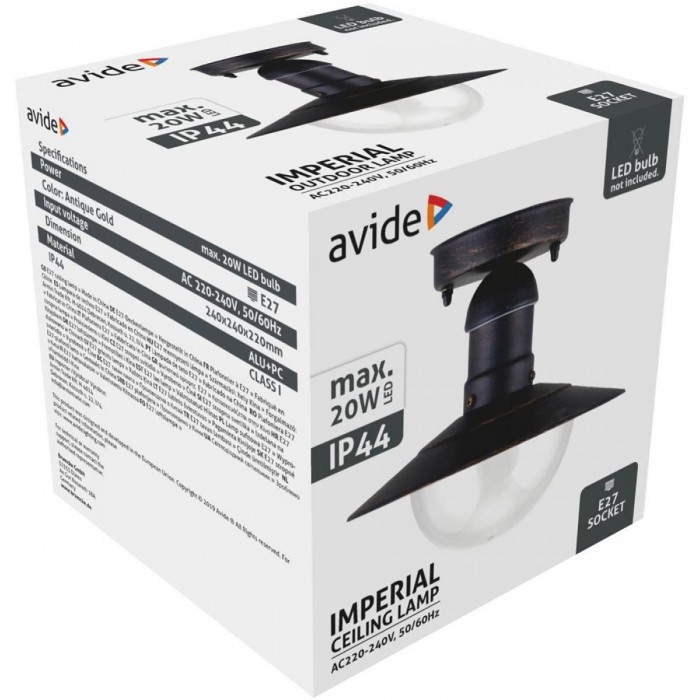 Avide Εξωτερικό Φωτιστικό Οροφής Imperial 1xE27 IP44 Σκούρο Χρυσό
