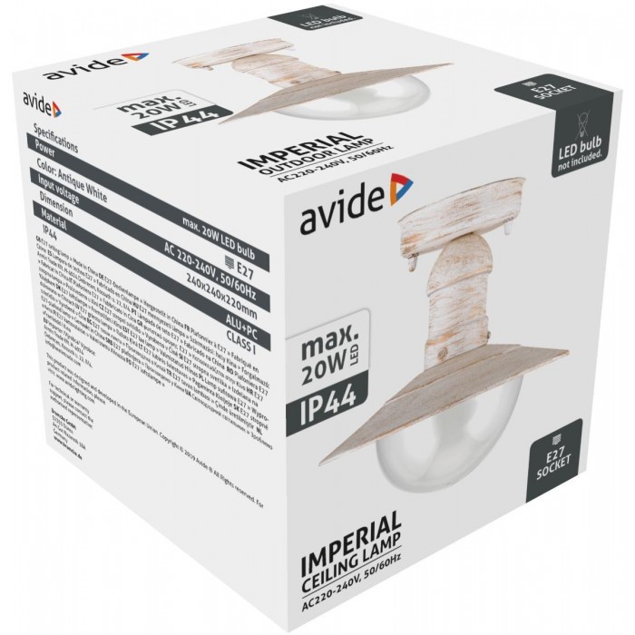 Avide Εξωτερικό Φωτιστικό Οροφής Imperial 1xE27 IP44 Αντίκα Λευκό