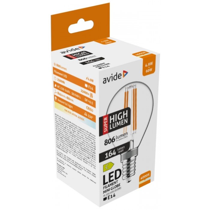 Avide LED Filament Σφαιρική 4.9W E14 Λευκό 4000K Super Υψηλής Φωτεινότητας