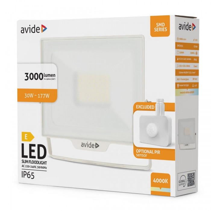 Avide Προβολέας LED SMD 30W NW 4000K με Δυνατότητα Προσθήκης Αισθητήρα PIR Λευκό Avide Προβολέας LED SMD 30W NW 4000K με Δυνατότητα Προσθήκης Αισθητήρα PIR Λευκό