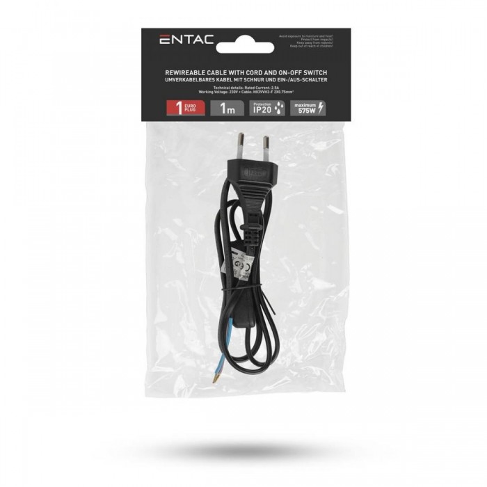 Entac Rewireable Καλώδιο 2G0.75 με Διακόπτη ON/OFF Μαύρο 1m