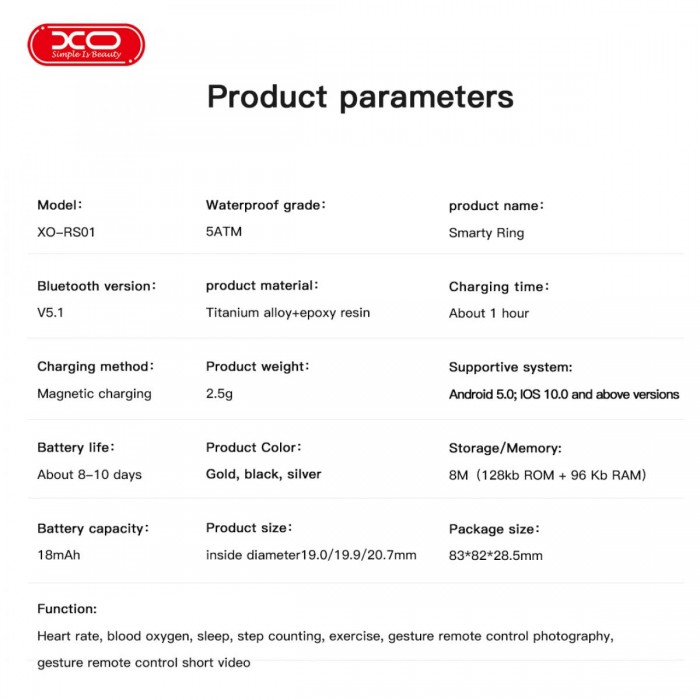 XO RS01 Smart Δαχτυλίδι Μέγεθος 10 Μαύρο