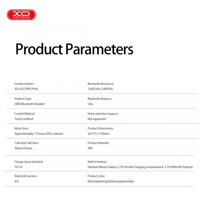 XO G43 Ακουστικά Bluetooth με Διαφανή Eπιμεταλλωμένο Σχεδιασμό OWS Μπλε XO G43 Ακουστικά Bluetooth με Διαφανή Eπιμεταλλωμένο Σχεδιασμό OWS Μπλε