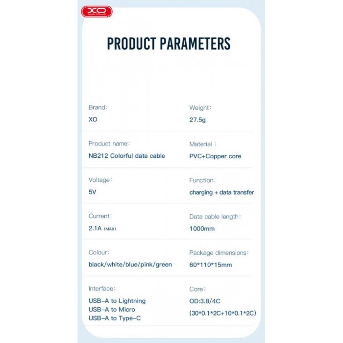 XO NB212 2.1A USB Καλώδιο Για Type-C 1m Ρόζ