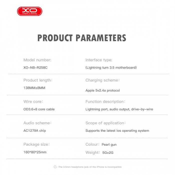 XO NBR258C Lightning Αdapter Lightning to 3.5mm XO NBR258C Lightning Αdapter Lightning to 3.5mm