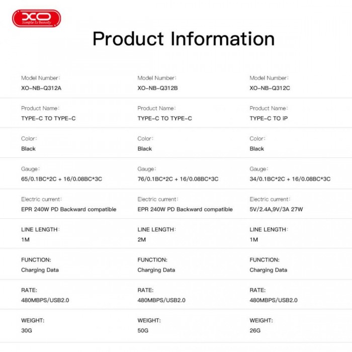 XO NB-Q312B Καλώδιο Φόρτισης & Δεδομένων Type-C σε Type-C 240W 2μ XO NB-Q312B Καλώδιο Φόρτισης & Δεδομένων Type-C σε Type-C 240W 2μ
