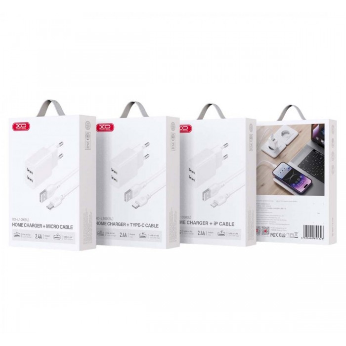 XO L109 (UK) Dual USB-A 2.4A Charger with lightning cable