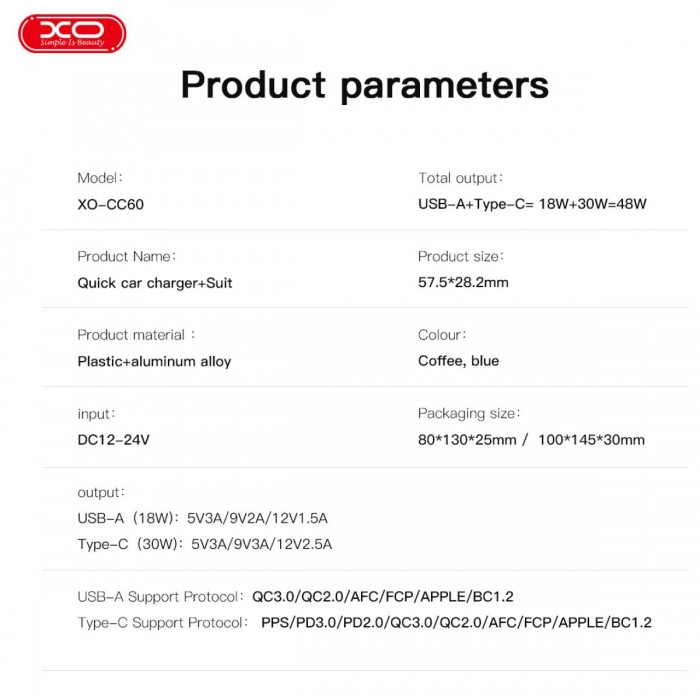 XO CC60 Smart Διαφανής Φορτιστής Αυτοκινήτου A30W+C30W/Ταυτόχρονη 60W Καφέ