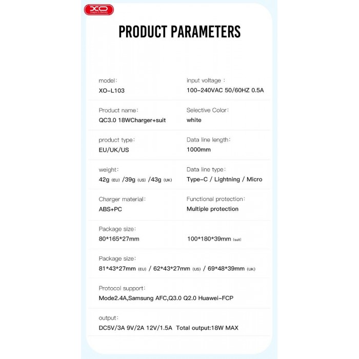 XO L103 (UK) QC3.0 18W Φορτιστής με Καλώδιο Lightning (NB103)