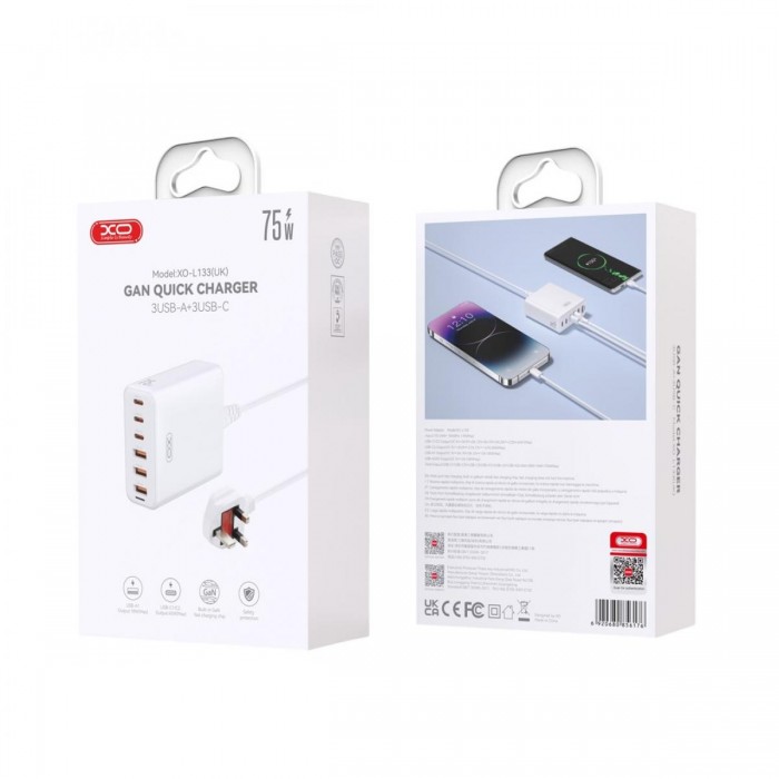 XO L133(UK) 75W GaN 3A+3C Γρήγορος Φορτιστής 1.5M XO L133(UK) 75W GaN 3A+3C Γρήγορος Φορτιστής 1.5M