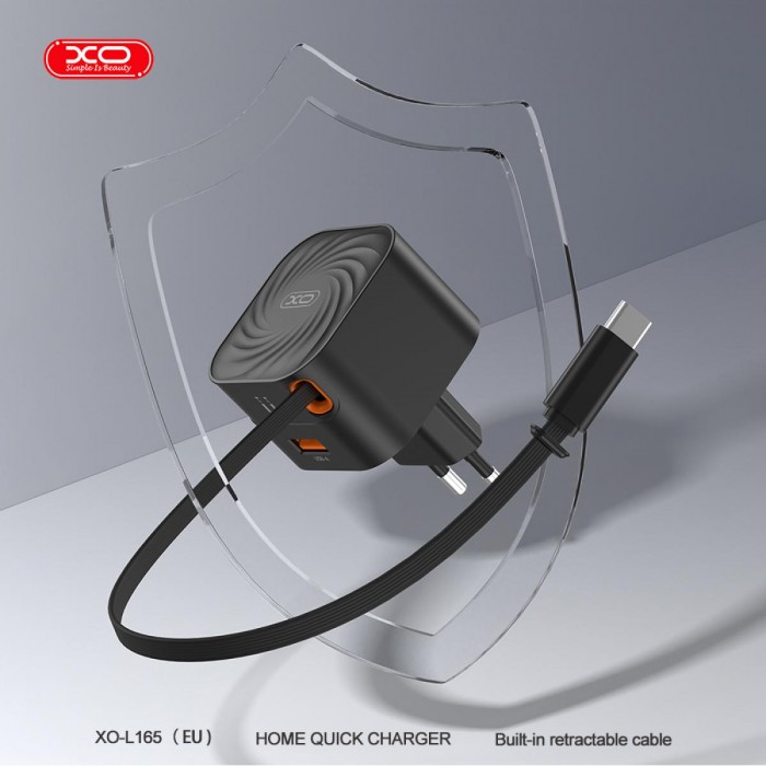 XO L165 Φορτιστής Ταχείας Φόρτισης με  Ανασυρόμενο Καλώδιο Type-C & 1 Θύρα USB-A EU 20W