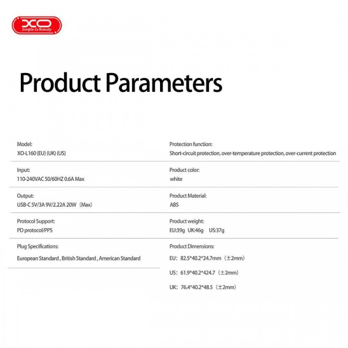 XO L160 (EU) Φορτιστής Ταχείας Φόρτισης με Θύρα Type-C & Καλώδιο Lighting 20W Kit (NB300)