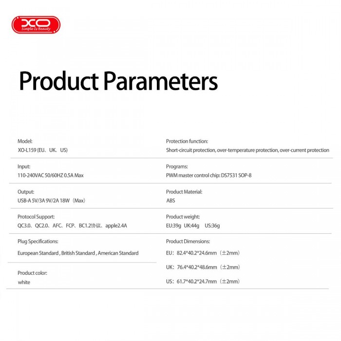 XO L159 Φορτιστής Ταχείας Φόρτισης (UK) QC 18W 1x USB-A