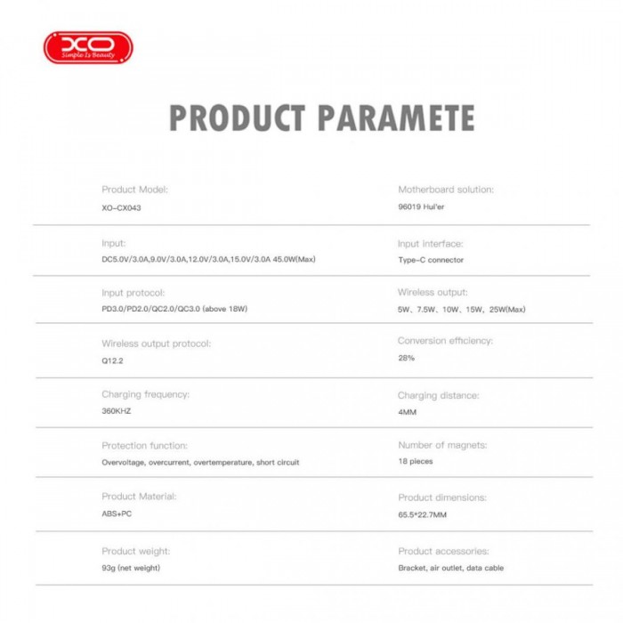 XO CX043 Smart Ασύρματος Φορτιστής με Ψύξη 25W & LED