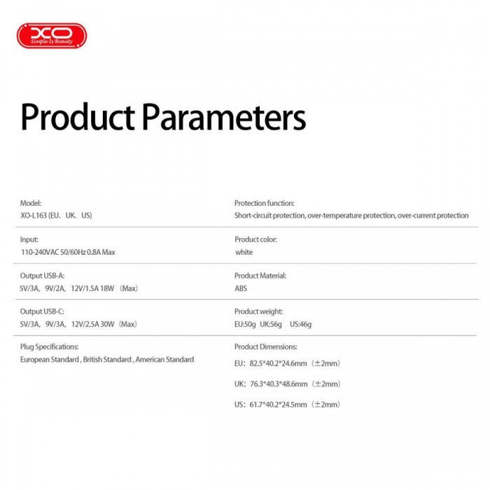 XO L163 PD30W QC Φορτιστής UK Γρήγορης Φόρτισης 18W USB-A & Type-C XO L163 PD30W QC Φορτιστής UK Γρήγορης Φόρτισης 18W USB-A & Type-C
