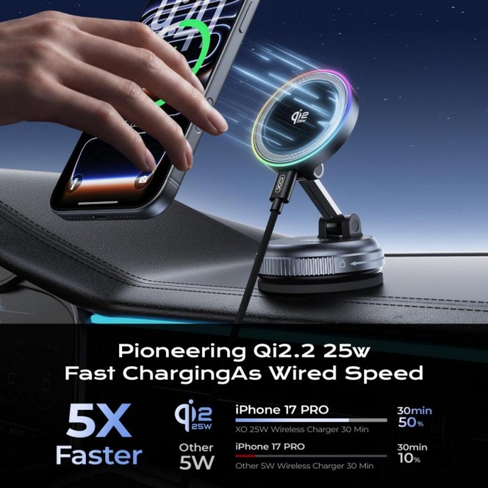 XO CX046 Ασύρματος Φορτιστής 25W με Βεντούζα και RGB Φωτισμό