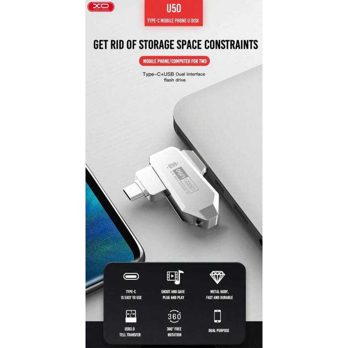 XO U50 Στικάκι & Αντάπτορας Type-C σε USB OTG USB 3.0 Έκδοση 128GB