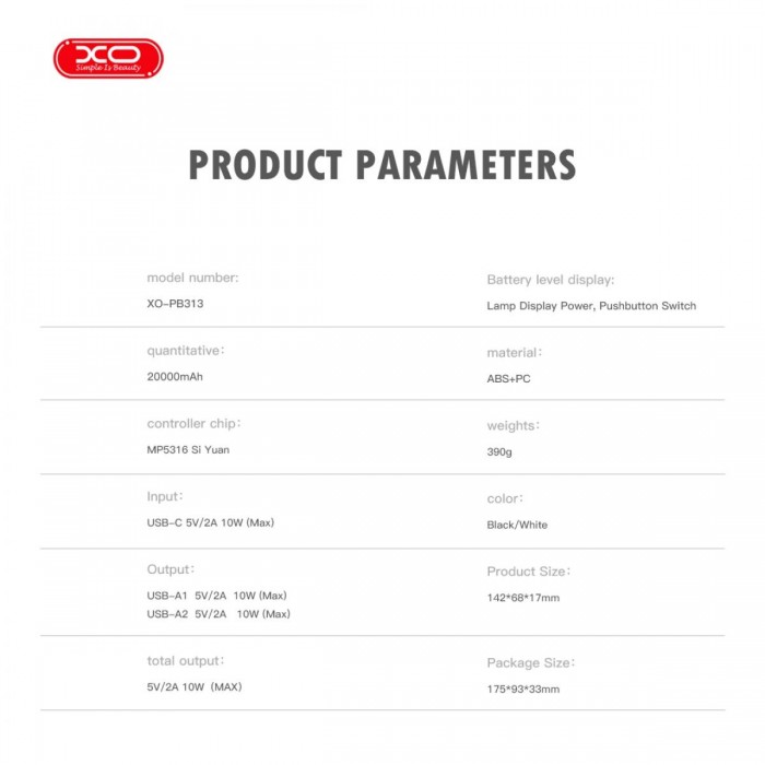 XO PB313 Powerbank 20000mAh Μαύρο