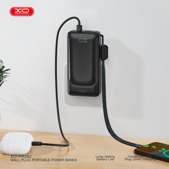 XO PR282 Powerbank Ταχείας Φόρτισης 22.5W με Πρίζα & Λουράκι Type-C 10.000mAh