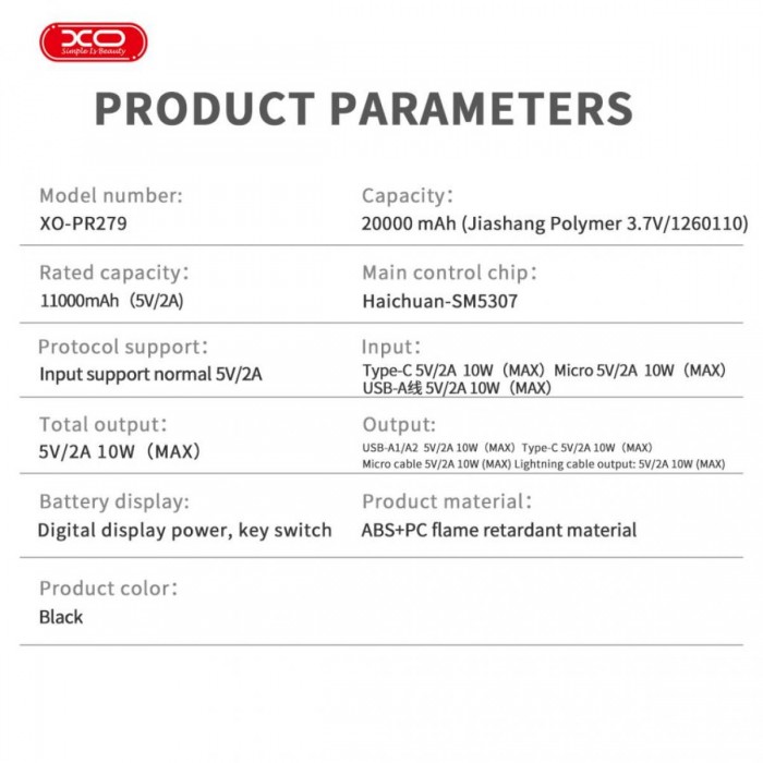 XO PR279 Powerbank με Καλώδια USB-A Type-C Micro & Lightning 20.000mAh XO PR279 Powerbank με Καλώδια USB-A Type-C Micro & Lightning 20.000mAh