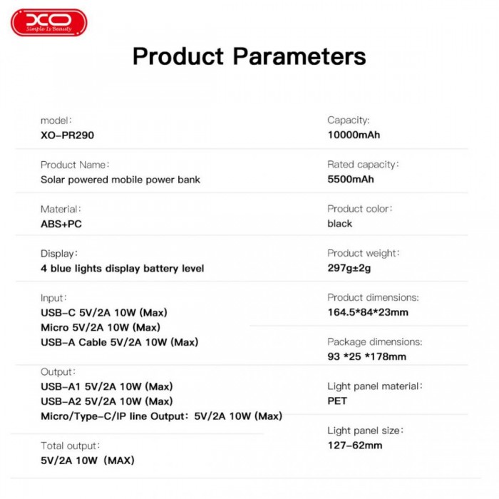 XO PR290 Solar Power Bank 10000mAh με 4 Eνσωματωμένα Καλώδια