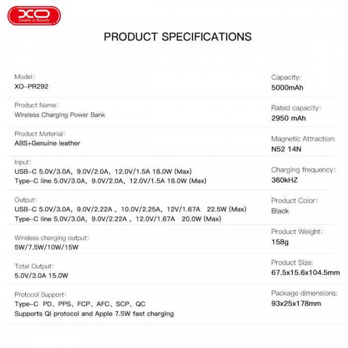 XO PR292 Πολυλειτουργικό Μαγνητικό Power Bank με Καλώδιο Type-C