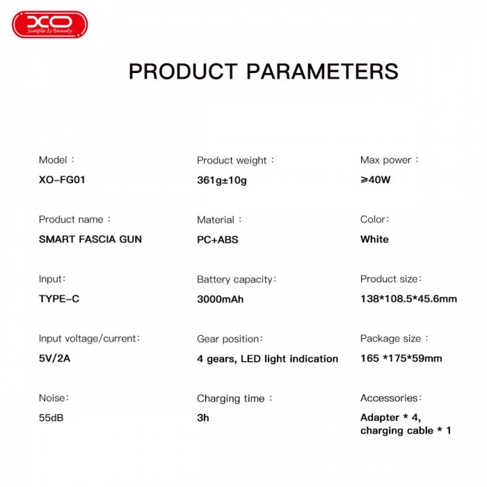 XO FG01 Συσκευή Μασάζ Περιτονίας (Fascia Gun) XO FG01 Συσκευή Μασάζ Περιτονίας (Fascia Gun)
