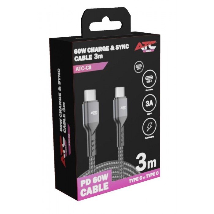 ATC-C8 Καλώδιο Φόρτισης & Συγχρονισμού USB-C σε USB-C 60W 3m ATC-C8 Καλώδιο Φόρτισης & Συγχρονισμού USB-C σε USB-C 60W 3m