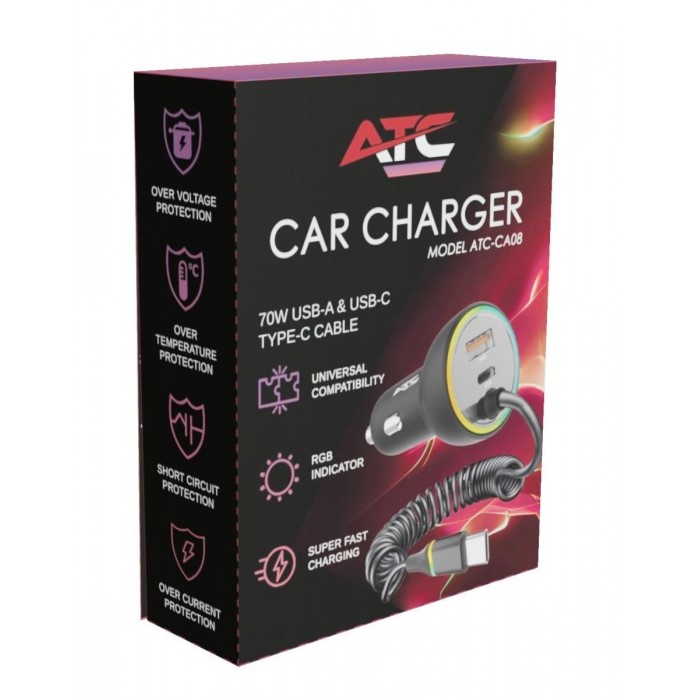 ATC-CA08 Φορτιστής Αυτοκινήτου με 2 Θύρες USB-A & Type-C και Καλώδιο Type-C 70W ATC-CA08 Φορτιστής Αυτοκινήτου με 2 Θύρες USB-A & Type-C και Καλώδιο Type-C 70W