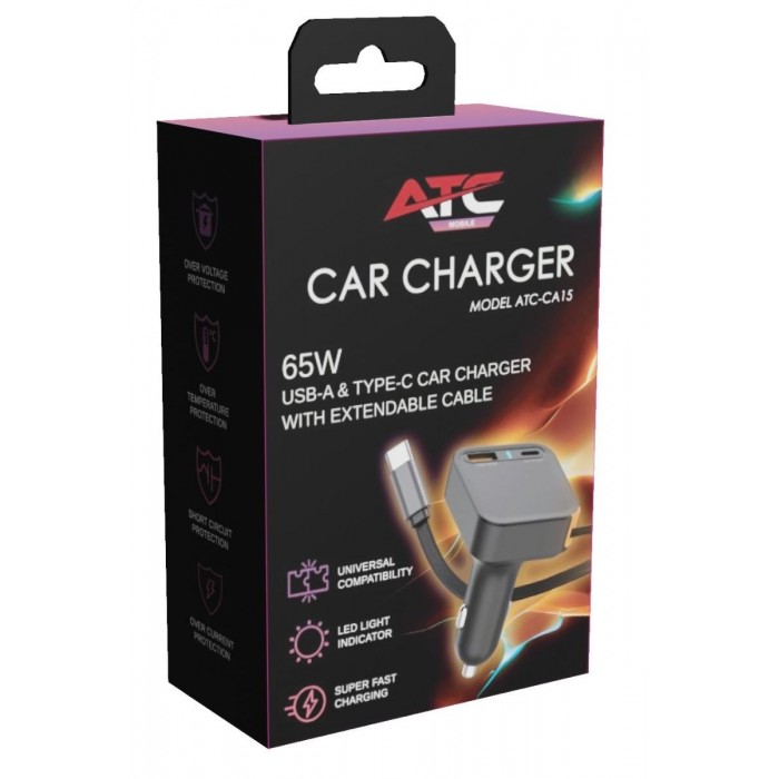 ATC-CA15 Φορτιστής Αυτοκινήτου 65W με Επεκτεινόμενο Καλώδιο USB-A & Type-C ATC-CA15 Φορτιστής Αυτοκινήτου 65W με Επεκτεινόμενο Καλώδιο USB-A & Type-C