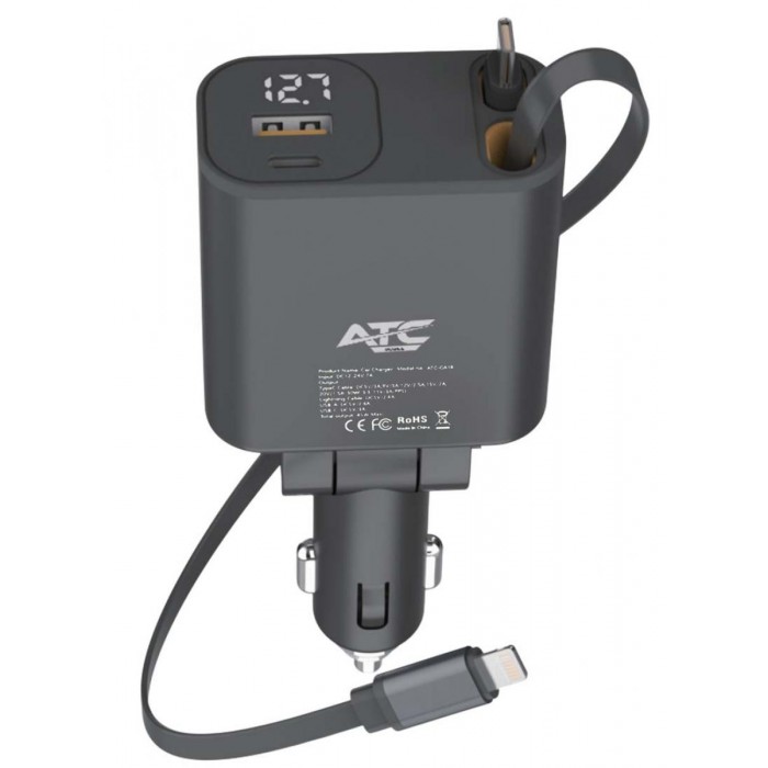 ATC-CA16 Φορτιστής Αυτοκινήτου 45W USB-A & Type-C με Επεκτεινόμενο Καλώδιο Lightning & Type-C