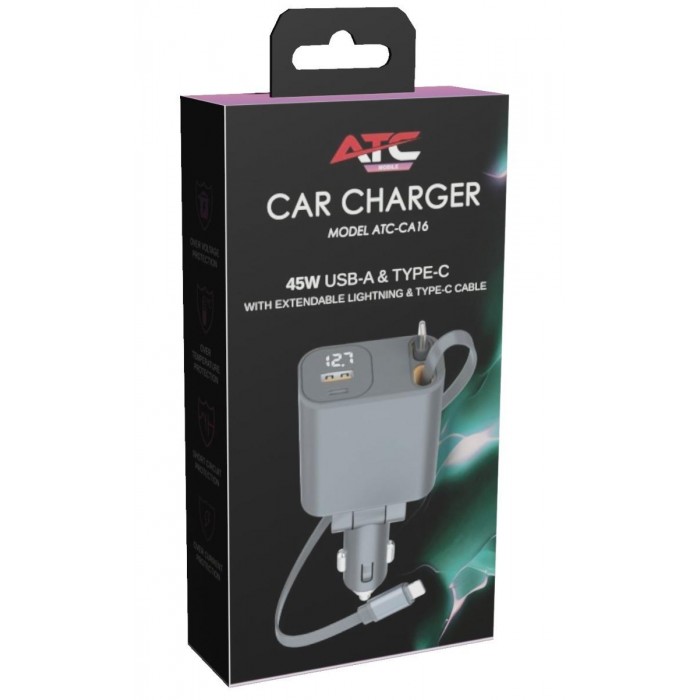 ATC-CA16 Φορτιστής Αυτοκινήτου 45W USB-A & Type-C με Επεκτεινόμενο Καλώδιο Lightning & Type-C ATC-CA16 Φορτιστής Αυτοκινήτου 45W USB-A & Type-C με Επεκτεινόμενο Καλώδιο Lightning & Type-C
