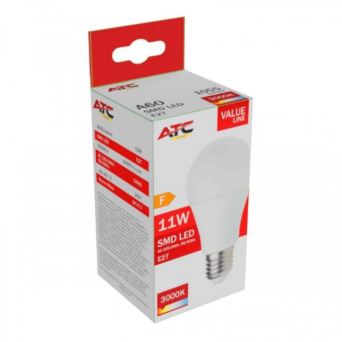 ATC SMD Λαμπτήρας LED A60 230V 11W/1055LM E27 3000K ATC SMD Λαμπτήρας LED A60 230V 11W/1055LM E27 3000K