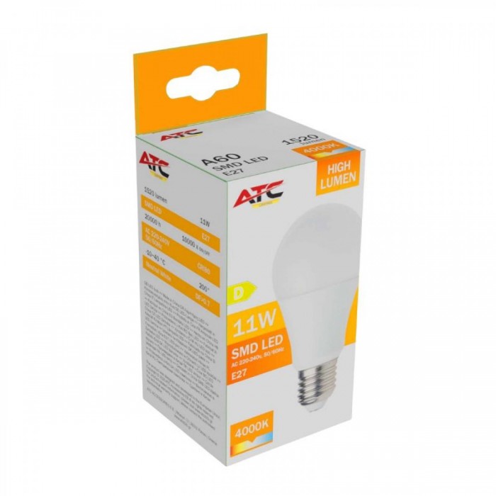 ATC SMD LED High Lumen Λαμπτήρας A60 230V 11W/1520LM E27 4000K ATC SMD LED High Lumen Λαμπτήρας A60 230V 11W/1520LM E27 4000K