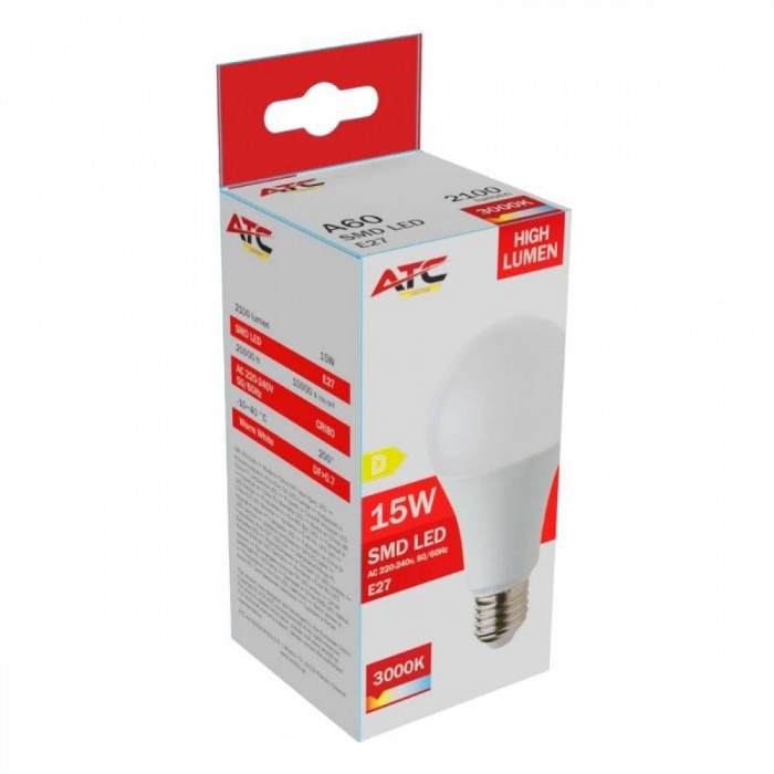 ATC SMD LED High Lumen Λαμπτήρας A60 230V 15W/2100LM E27 3000K ATC SMD LED High Lumen Λαμπτήρας A60 230V 15W/2100LM E27 3000K