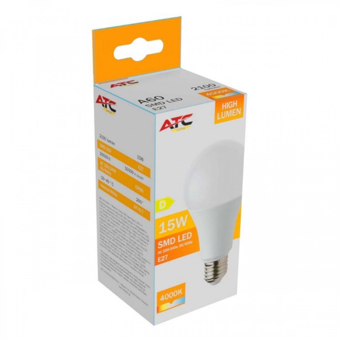 ATC SMD LED High Lumen Λαμπτήρας A60 230V 15W/2100LM E27 4000K ATC SMD LED High Lumen Λαμπτήρας A60 230V 15W/2100LM E27 4000K