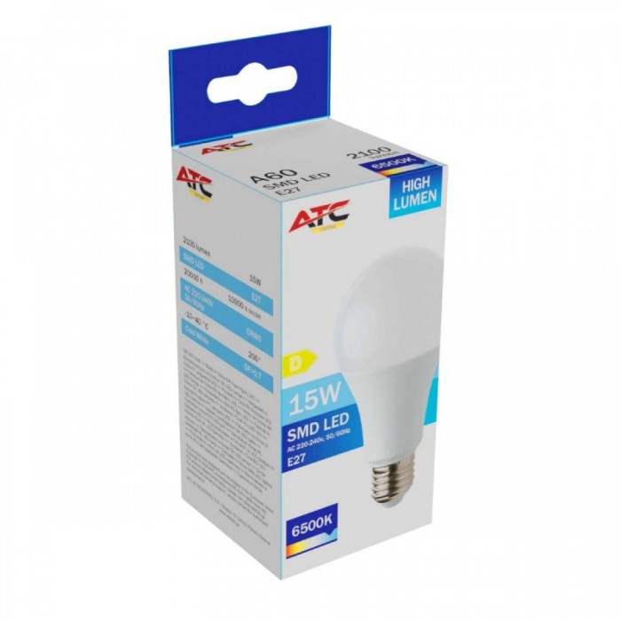ATC SMD LED High Lumen Λαμπτήρας A60 230V 15W/2100LM E27 6500K ATC SMD LED High Lumen Λαμπτήρας A60 230V 15W/2100LM E27 6500K