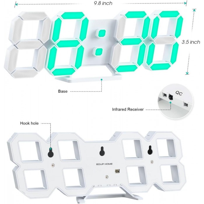 EDUP EH-LED1319 3D LED Wall Clock 9.5 Remote Control Digital Nightlight