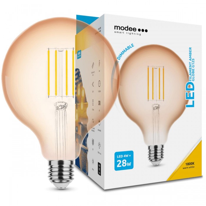 Modee Λαμπτήρας LED Filament Modee, Globe G125, Amber, 4W, E27, 320°, 1800K (360 lumen) dimmable Modee Λαμπτήρας LED Filament Modee, Globe G125, Amber, 4W, E27, 320°, 1800K (360 lumen) dimmable