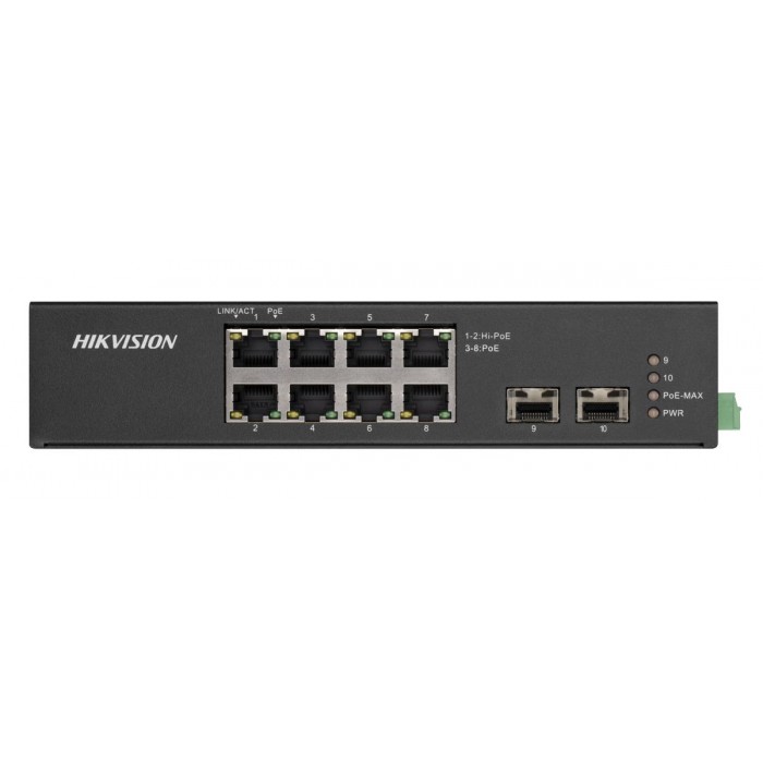 HIKVISION - DS-3T0510HP-E/HS Hi-PoE Switch για τοποθέτηση σε ράγα με 2 θύρες Gigabit Hi-PoE, 6 θύρες Gigabit PoE και 2 θύρες Gigabit οπτικής ίνας.