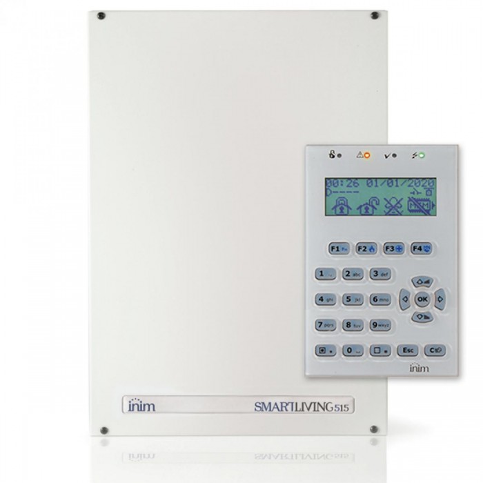 INIM - ΚΙΤ SMARTLIVING515+nCODE/GB ΚΙΤ: Πίνακας 5/15 ζωνών με μεταλλικό κουτί, τροφοδοτικό και πληκτρολόγιο με οθόνη LCD σε λευκό χρώμα.